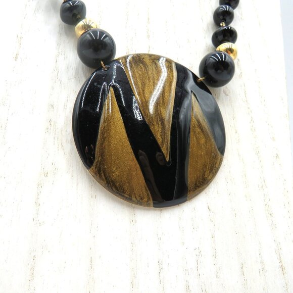 Vintage Black Gold Bead 16" Necklace Reversible Pendant Art Deco Statement - Picture 3 of 7
